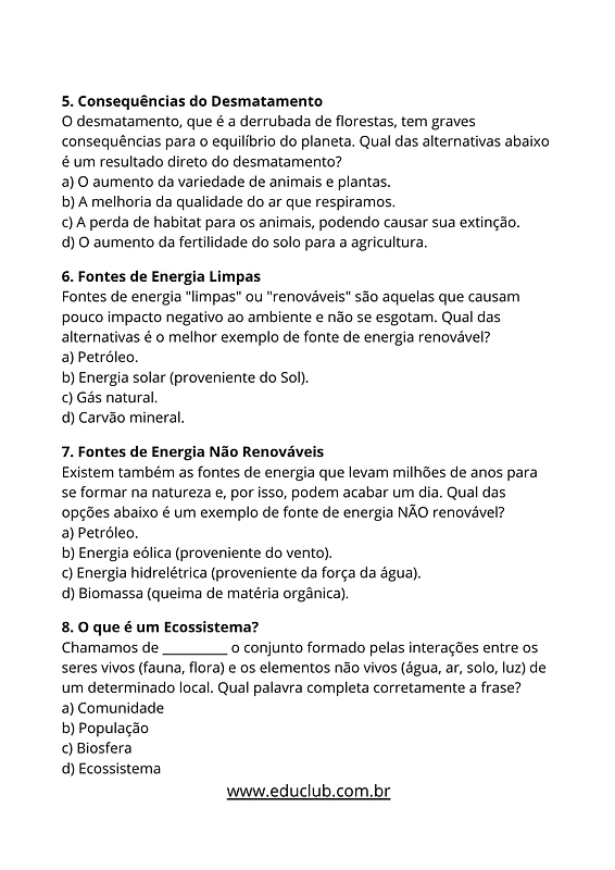 Atividade meio ambiente para 5º ano com gabarito | Educlub